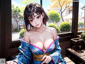 A woman in a blue kimono sitting on a ledge.