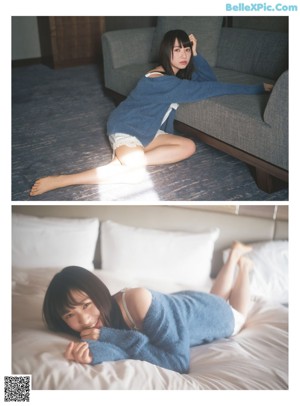 A woman laying on top of a bed next to a pillow.