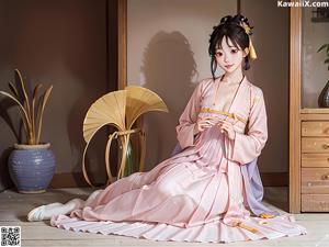 A woman in a white and gold dress sitting on a wooden floor.