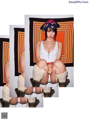 A woman in a white bathing suit holding shopping bags.