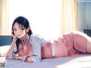 A woman in a pink and white hanbok poses for a picture.