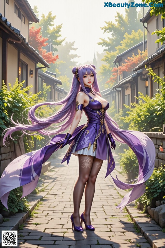 Hentai - Sovereign of Lightning in Exquisite Garb Set.1 20250125 Part 7 No.9f7231 A woman in a purple dress is walking down a street.