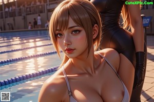A woman in a black bathing suit standing in a pool.