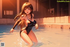 A woman in a blue bathing suit sitting on the edge of a pool.