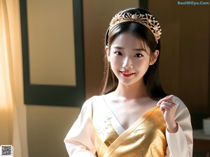 A woman in a pink and white hanbok is posing for a picture.