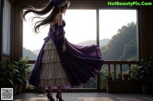 A woman in a blue dress standing in front of a window.
