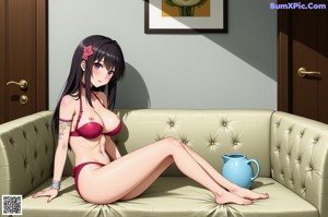 A naked anime girl sitting on a bed with big tits.