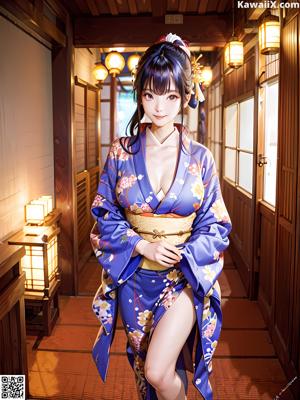 A woman in a kimono sitting on a bed.