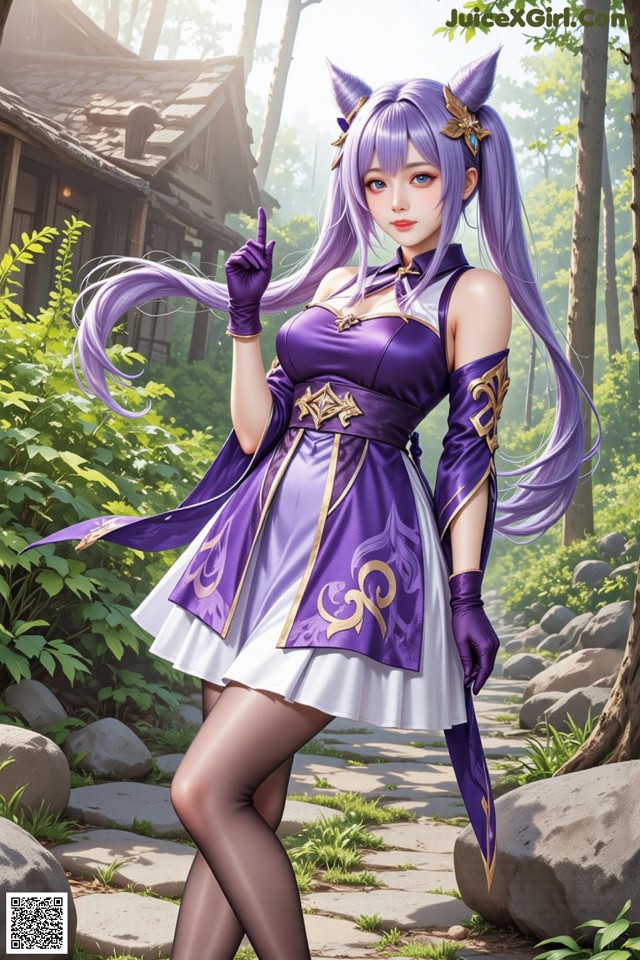 A woman in a purple and white dress standing in a forest.
