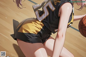A girl in a yellow and black uniform holding a basketball.