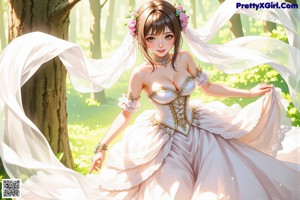 A woman in a wedding dress standing in the woods.