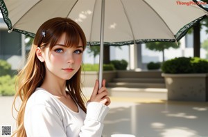 A girl in a white shirt with a flower in her hair.