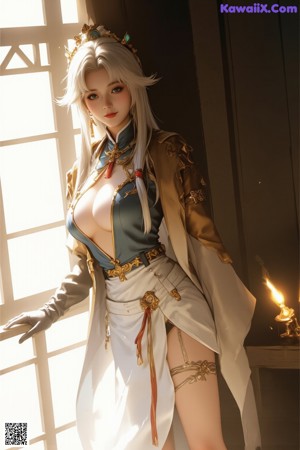 A woman in a blue and black outfit holding a sword.