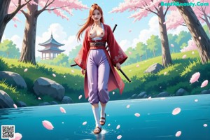 A woman in traditional attire holds a sword, standing amidst cherry blossoms and traditional architecture.