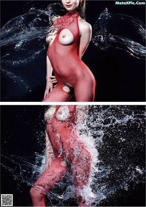 A woman in a red fishnet bodysuit posing for the camera.