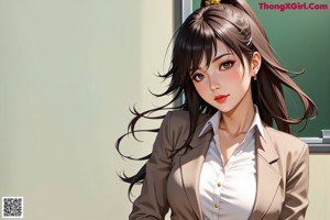A woman in a black skirt and a white shirt is standing in front of a classroom.