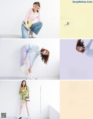 a woman in a white shirt and blue jeans posing for a magazine
