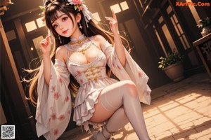 a woman in a white dress and stockings posing for a picture
