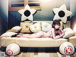A woman sitting on top of a chair in a room.