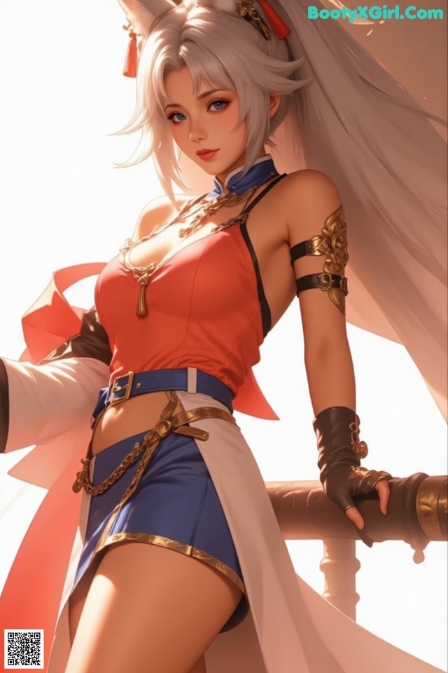 A woman in a red top and blue skirt holding a sword.