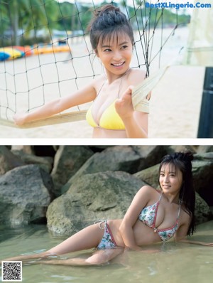 A woman in a blue bikini sitting on a bed.