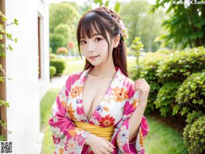 A woman in a kimono sitting on a blue couch.