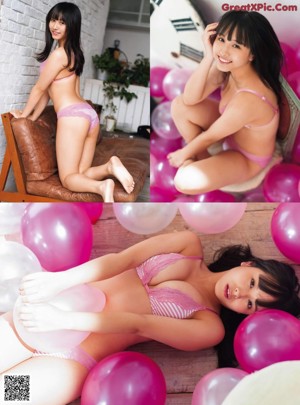 A woman in a pink bikini holding a bunch of balloons.