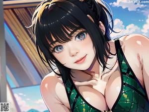 A woman in a black and white bathing suit posing next to a large wheel.