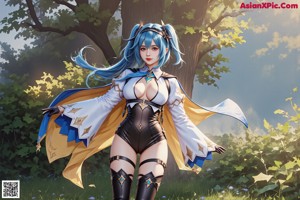 A woman with long blue hair wearing a costume.