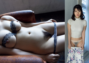 A nude woman laying on a brown leather chair.