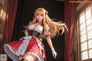 A woman in a maid outfit posing for a picture.