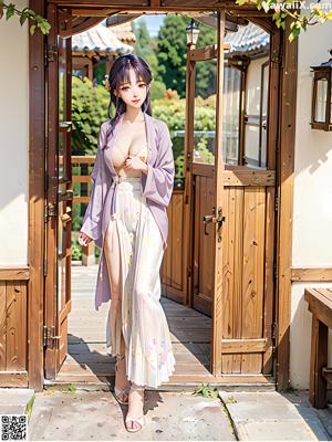 A woman in a white dress standing by the water.
