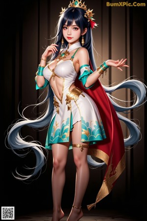 A woman with long black hair wearing a crown and gloves.