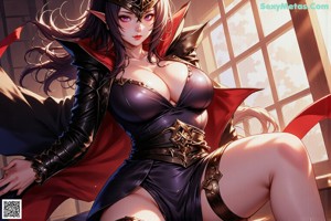 A woman in a black hooded outfit with a crown on her head.